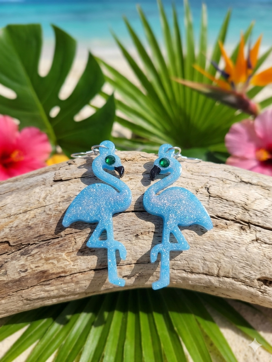 Blue Glitter Glitter Flamingo  Earrings