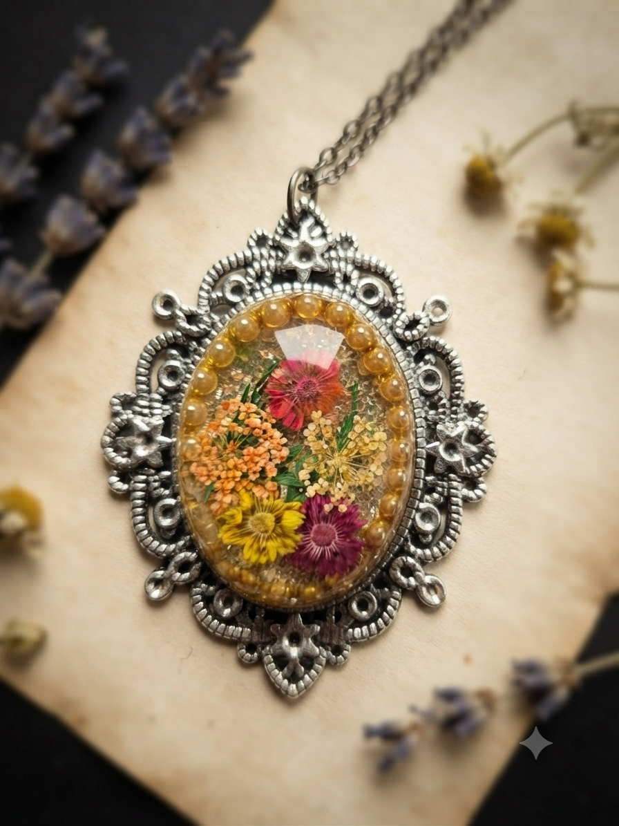 Vintage Style Dried Flower Cameo Necklace
