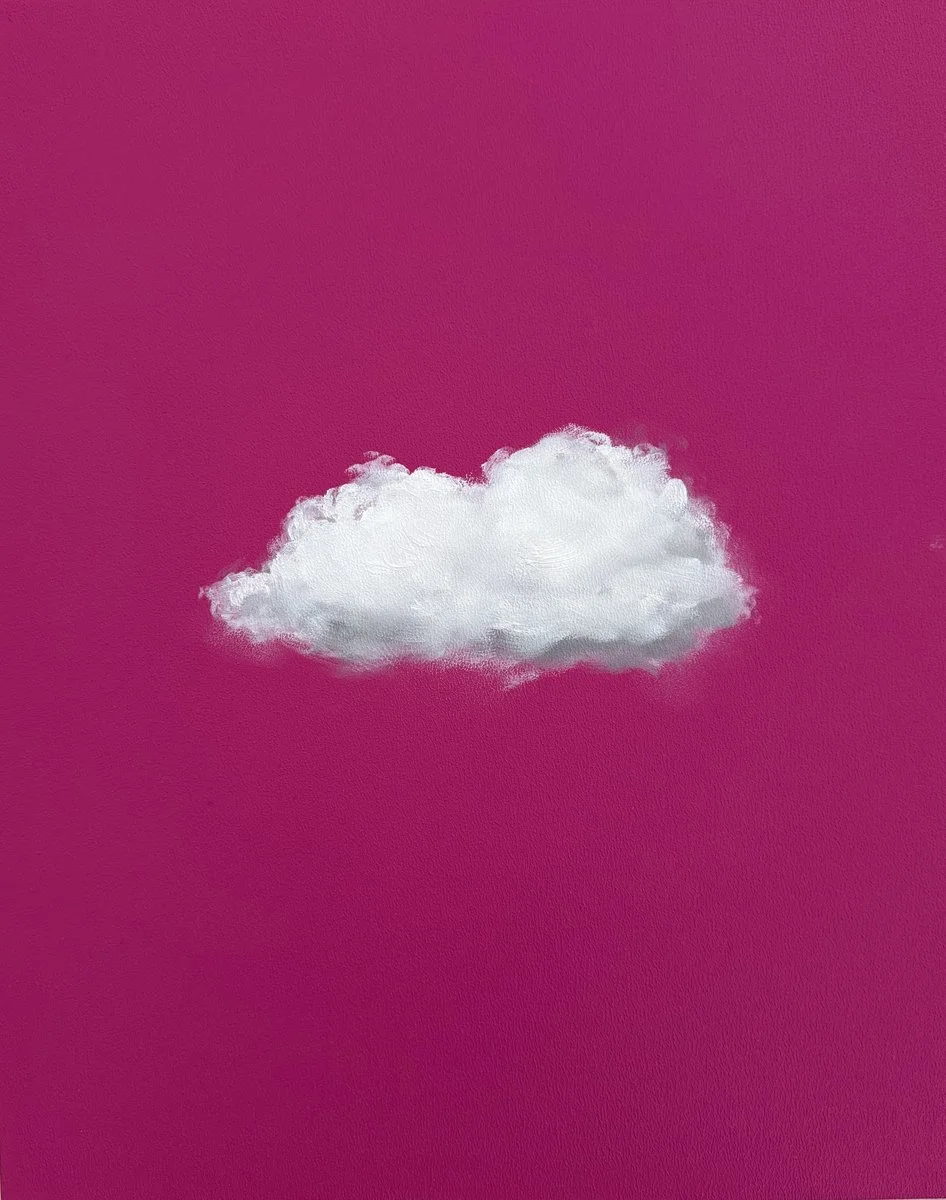 White cloud against a solid pink background.