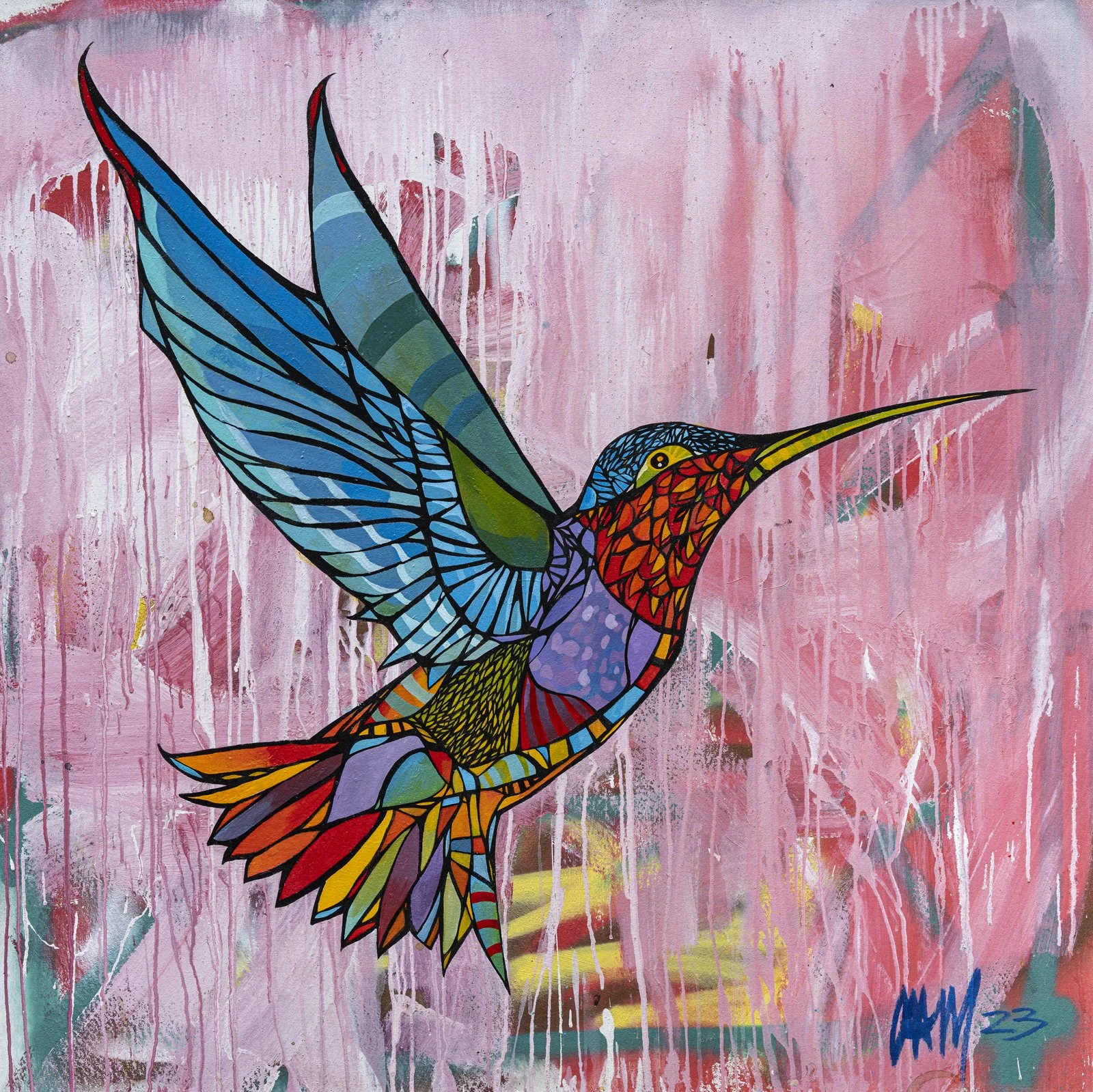 A colorful artwork of a hummingbird against a pink abstract background with drips and splashes of paint.
