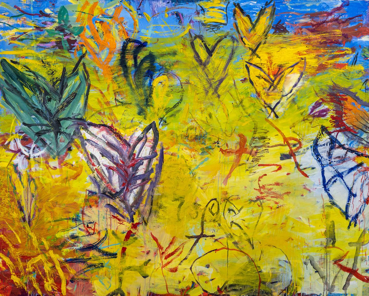 Abstract painting with vibrant yellow, green, blue, red, purple, and orange brushstrokes and black outlines resembling plants or leaves.