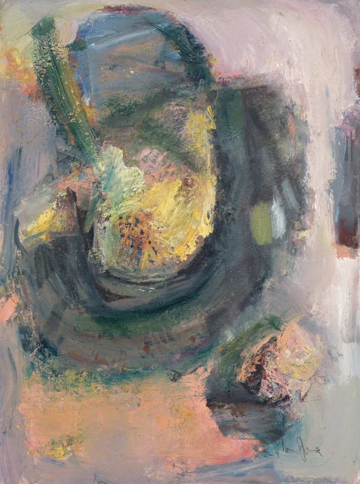 An abstract painting of a person's face in profile, with bold brushstrokes in shades of blue, yellow, green, and pink.