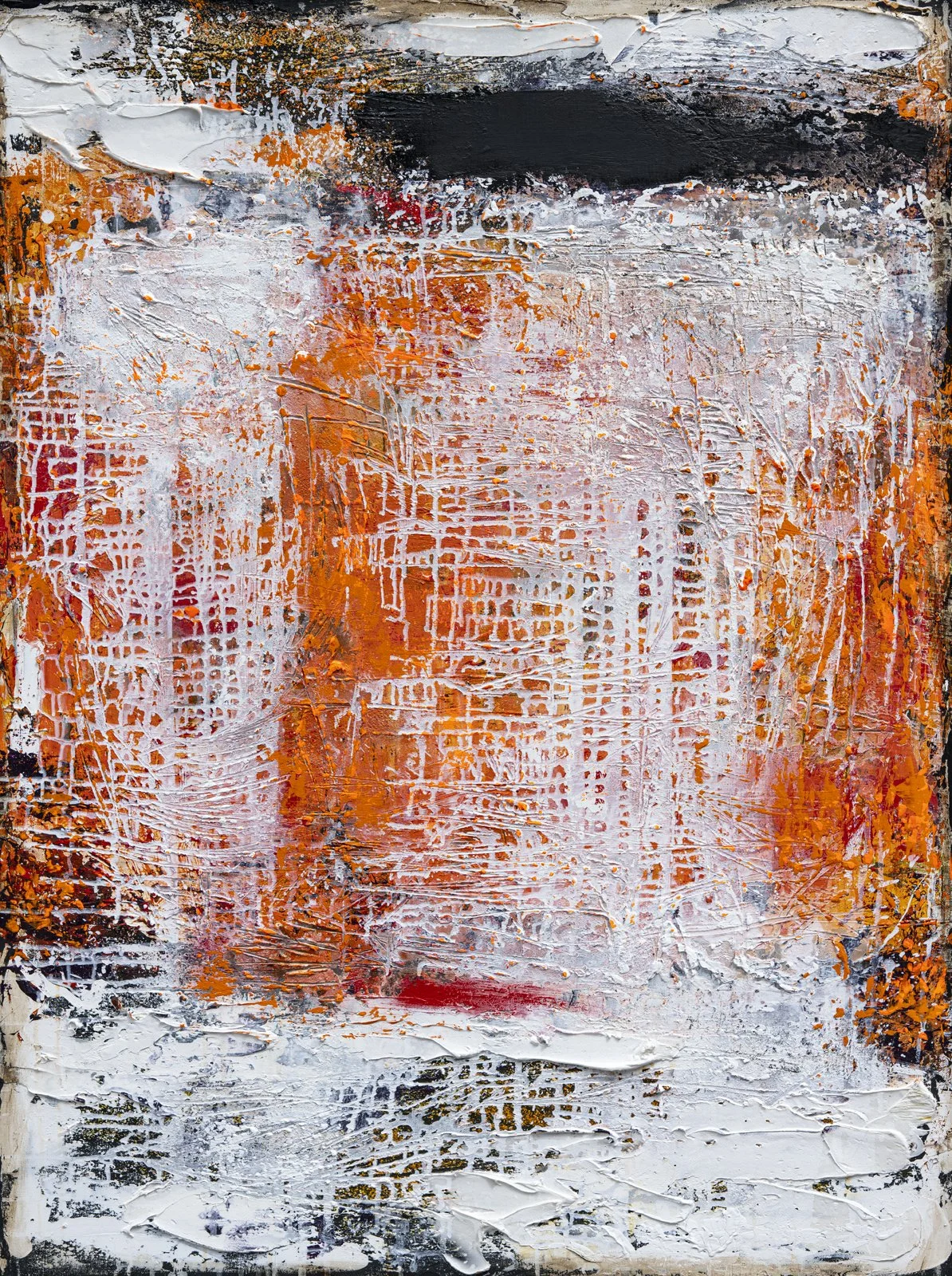 Abstract textured painting with orange, white, black, and gray colors, featuring layered patterns and brushstrokes.