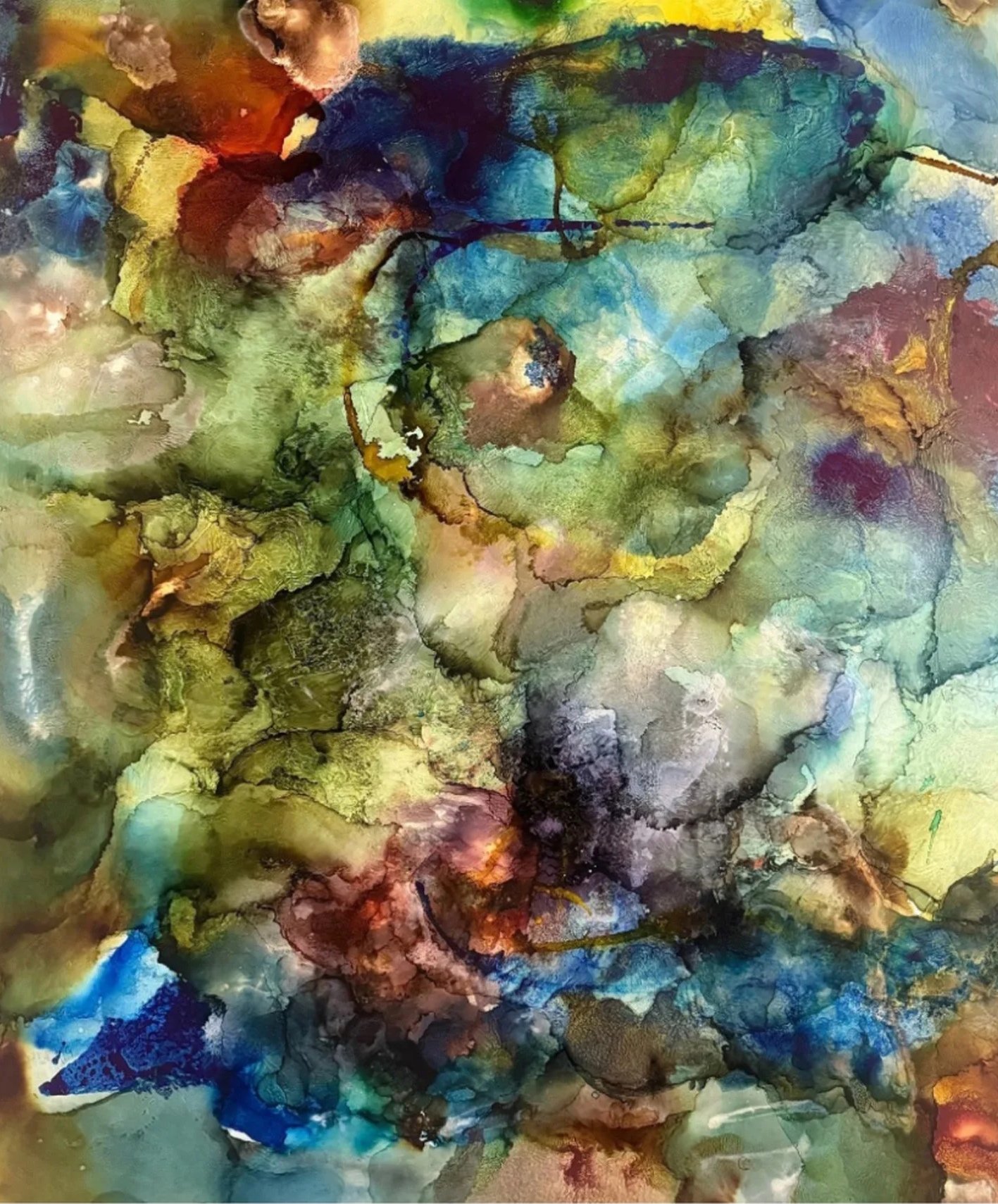 Abstract watercolor painting with swirls of green, blue, red, yellow, and black colors blending together.