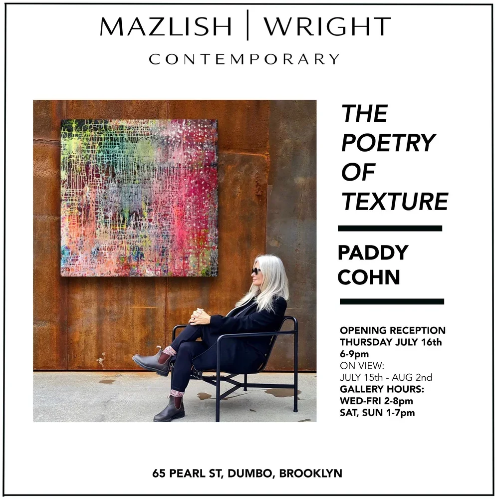 Announcing the solo show of artist Paddy Cohn. Colorful & whimsical paintings. 