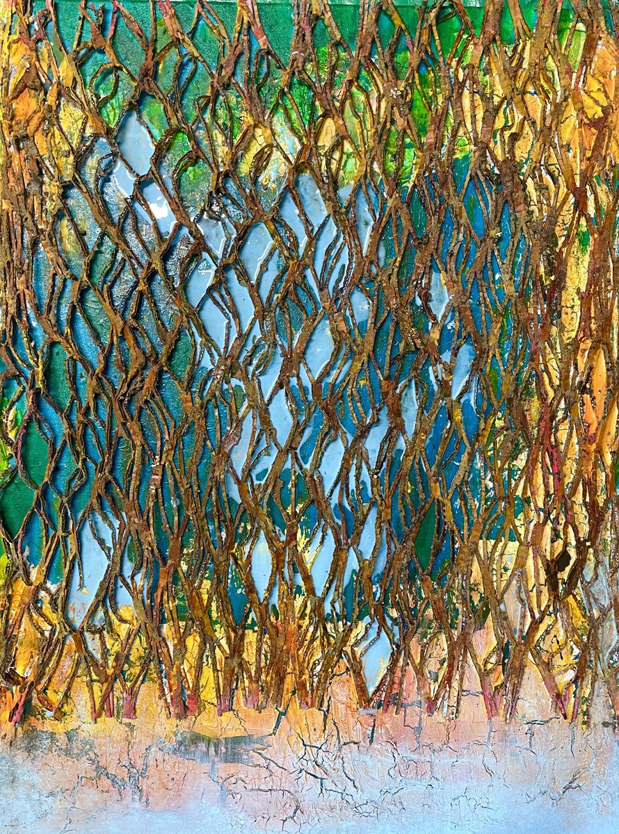 Abstract artwork featuring a pattern of intertwined, rusty metallic wires with a background of vibrant green, yellow, and blue colors, and a textured, cracked surface at the bottom.