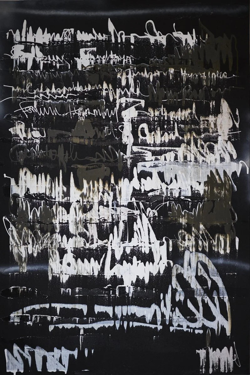 Abstract black and white painting with layered, textured strokes and scribbles.
