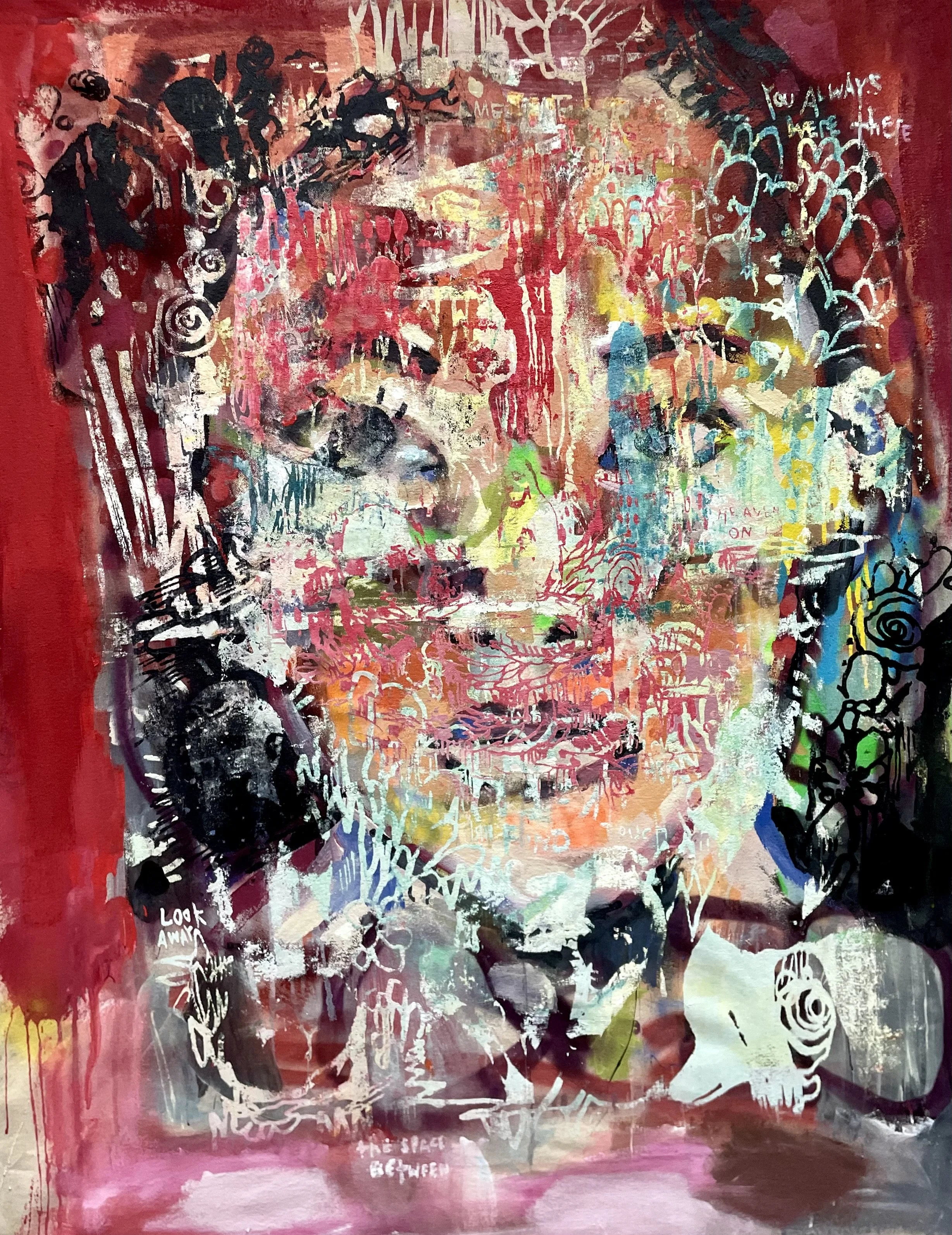 Abstract artwork with red, black, white, and multicolored paint strokes, scribbles, and layered text. Elements include faces, words, and shapes, creating a complex, textured composition.
