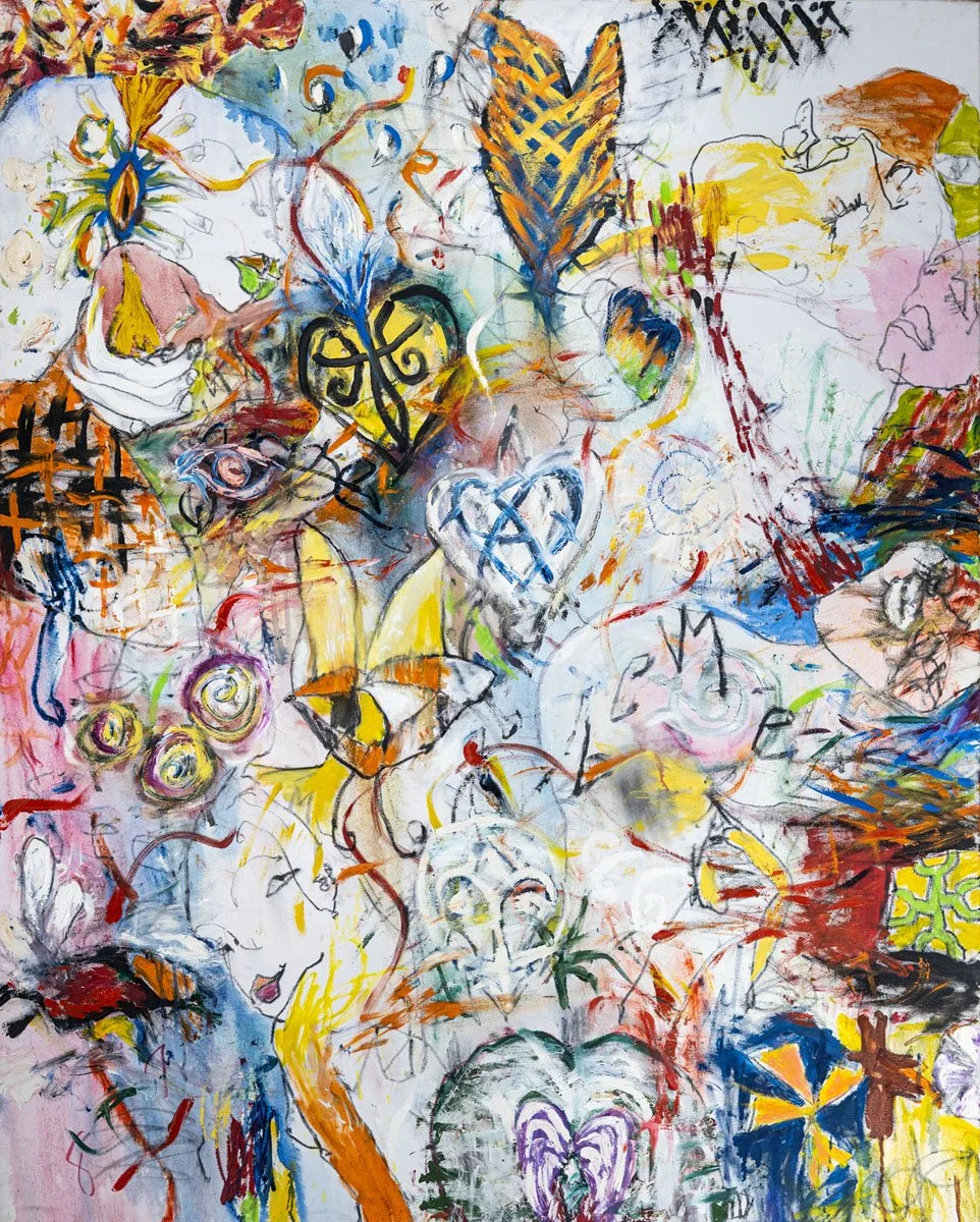 Colorful abstract painting with various shapes, lines, and faces, including hearts, leaves, and floral motifs. Bright colors like yellow, red, blue, pink, orange, and green are prominent.