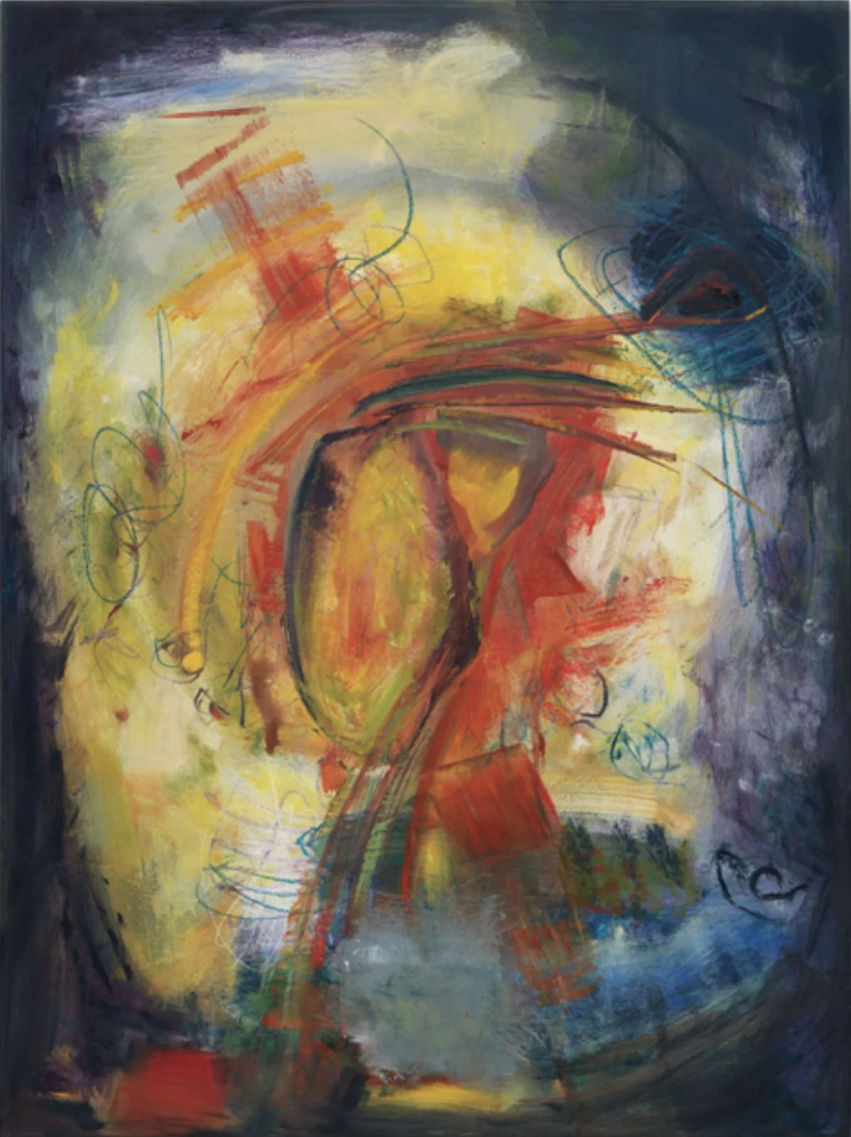 Abstract painting with a human face, featuring vibrant colors of yellow, red, and blue, with expressive brush strokes and scribbles.