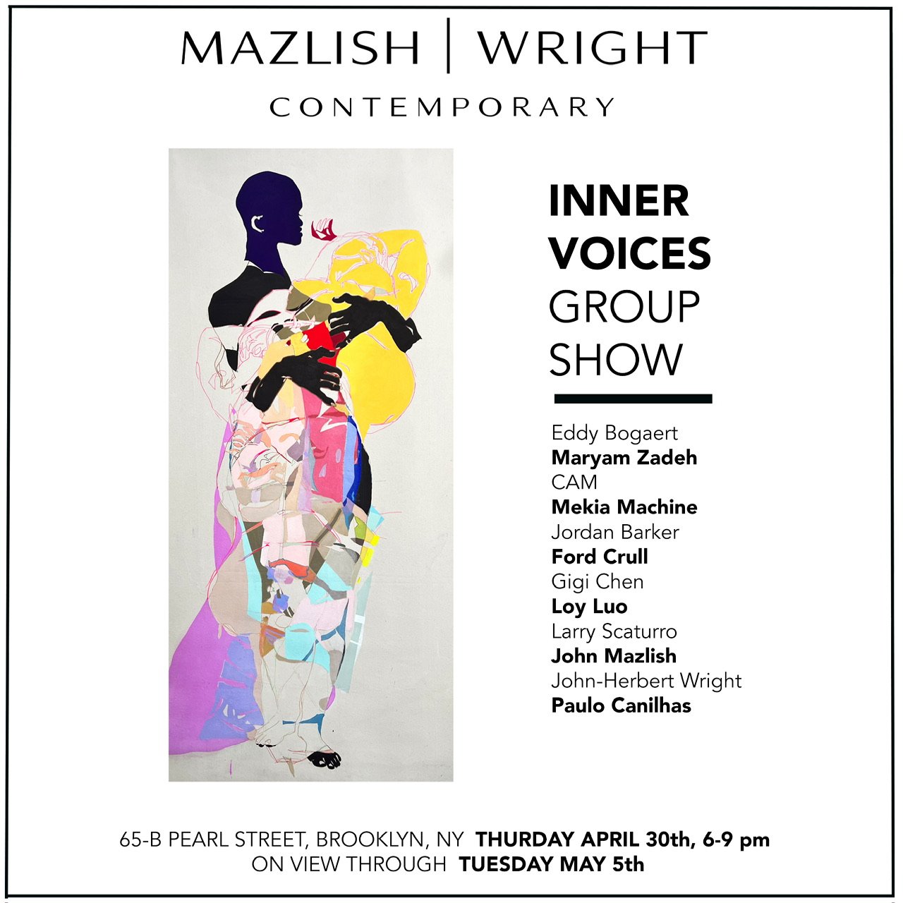 Event poster for Mazlish Wright Contemporary, Inner Voices Group Show featuring artwork of a woman holding a child, with event details including date, time, location, and participating artists.