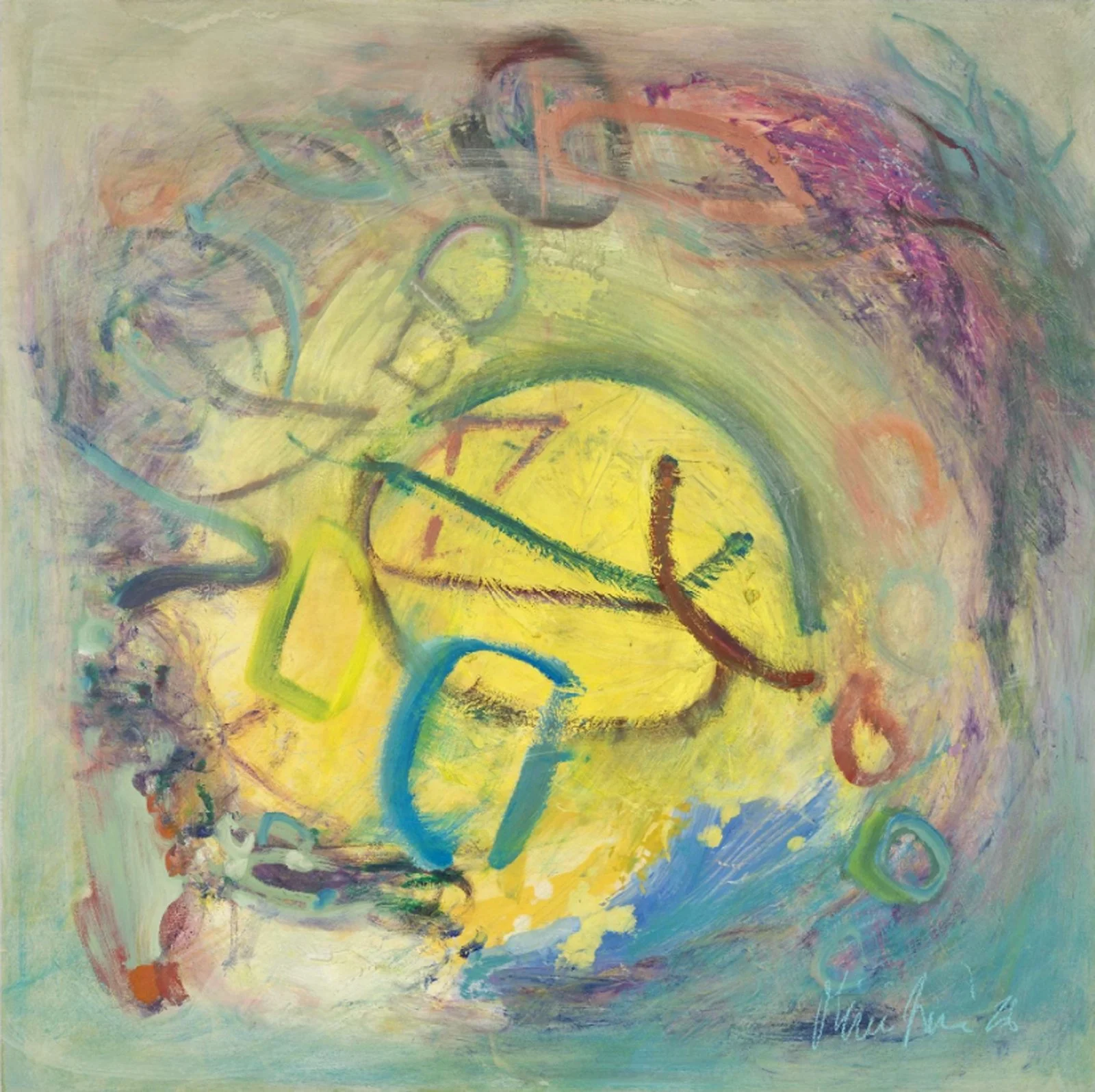 Abstract colorful drawing with swirling lines and shapes in yellow, purple, green, blue, and red.