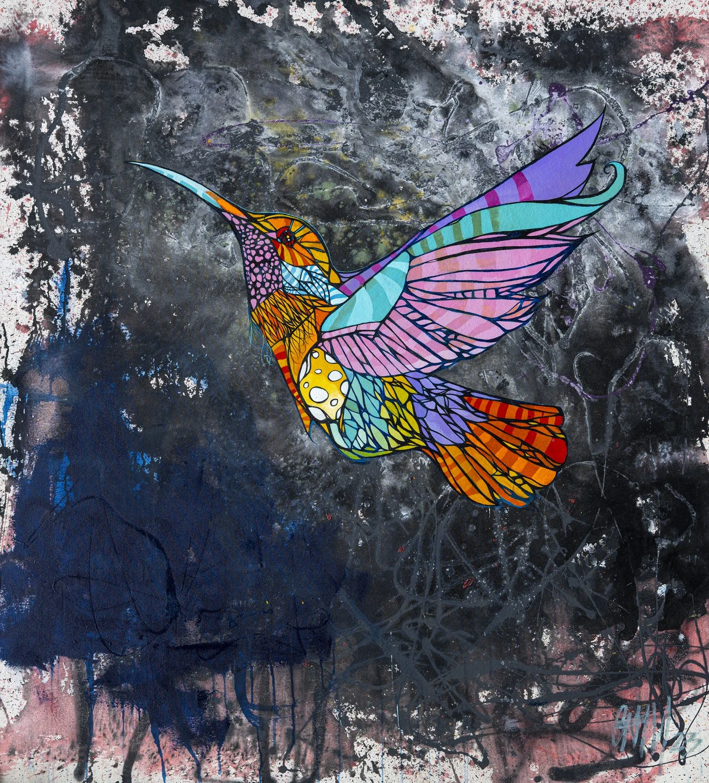 Colorful abstract painting of a hummingbird with purple, blue, orange, yellow, and pink wings, on a dark, splattered background.
