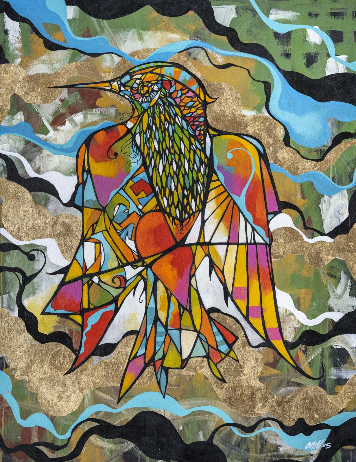 Abstract stained glass style artwork of a woman with long hair and a hummingbird, with vibrant colors and swirling background.