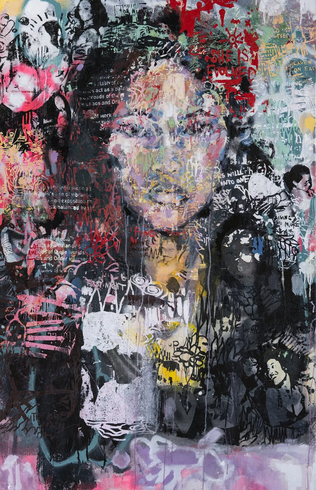 A colorful abstract artwork featuring a collage of faces, text, and graffiti elements. The central focus is a woman's face with glasses, surrounded by overlapping figures and expressive brush strokes in bright and dark colors, with splashes of pink, yellow, blue, and black.