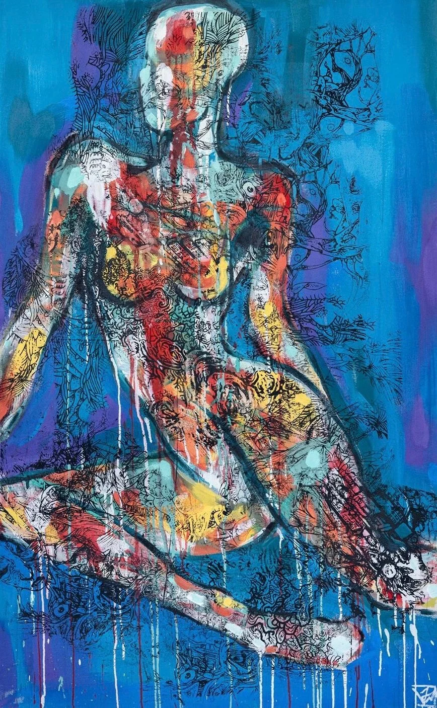Abstract painting of a seated woman with a blue background, featuring colorful and intricate line patterns.