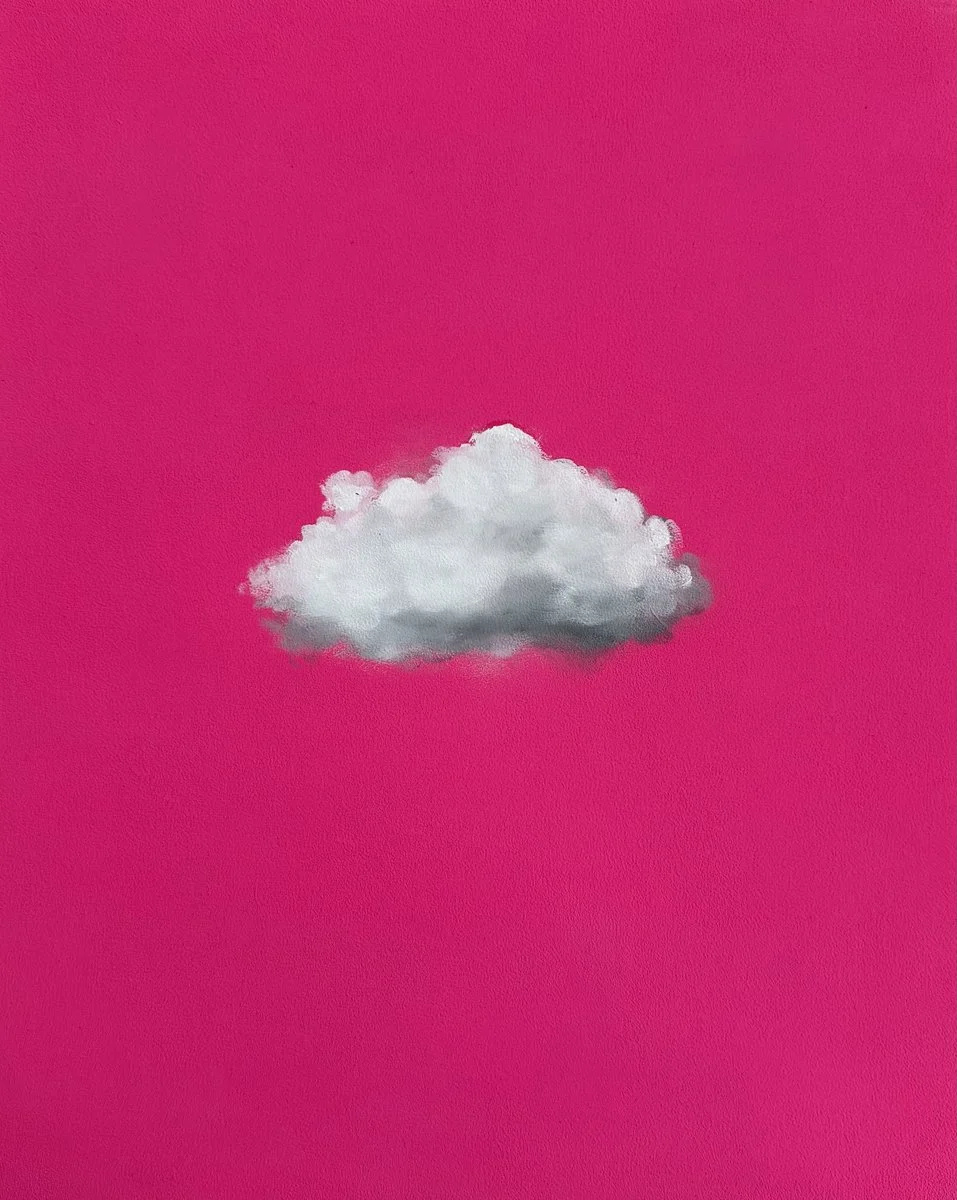 A gray and white fluffy cloud against a bright pink background.