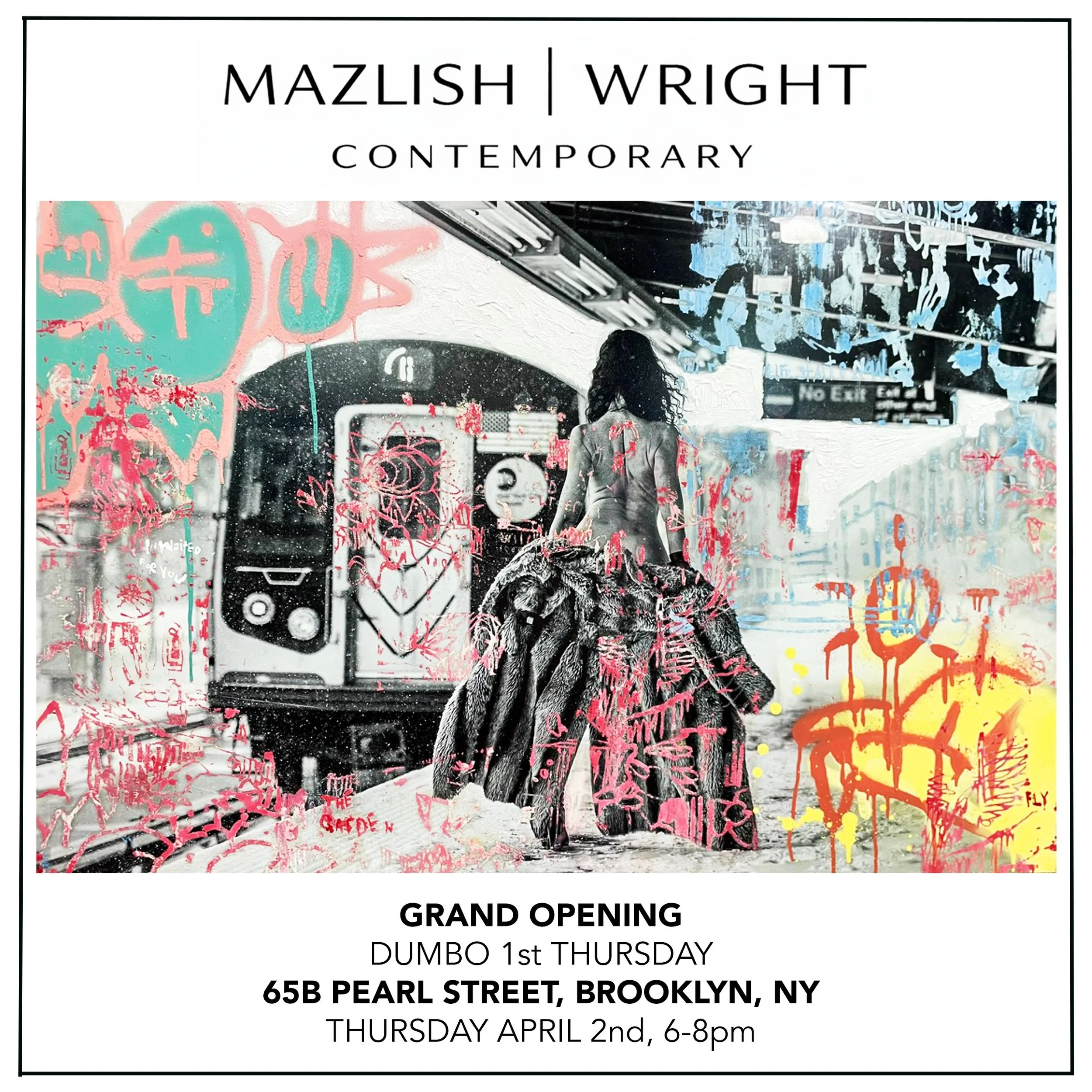 Announcement poster for an art exhibition featuring Mazlish and Wright, titled 'Contemporary', opening at 65B Pearl Street, Brooklyn, NY. The grand opening is on Thursday, April 2nd, from 6 to 8 pm, located in the Dumbo neighborhood on the first Thur