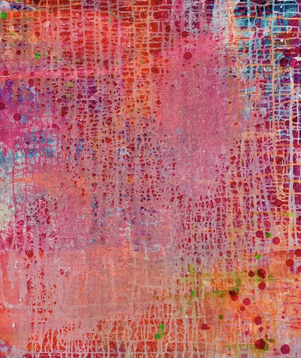 Abstract painting with pink, red, purple, blue, and green hues, featuring textured grid-like patterns and paint splatters.