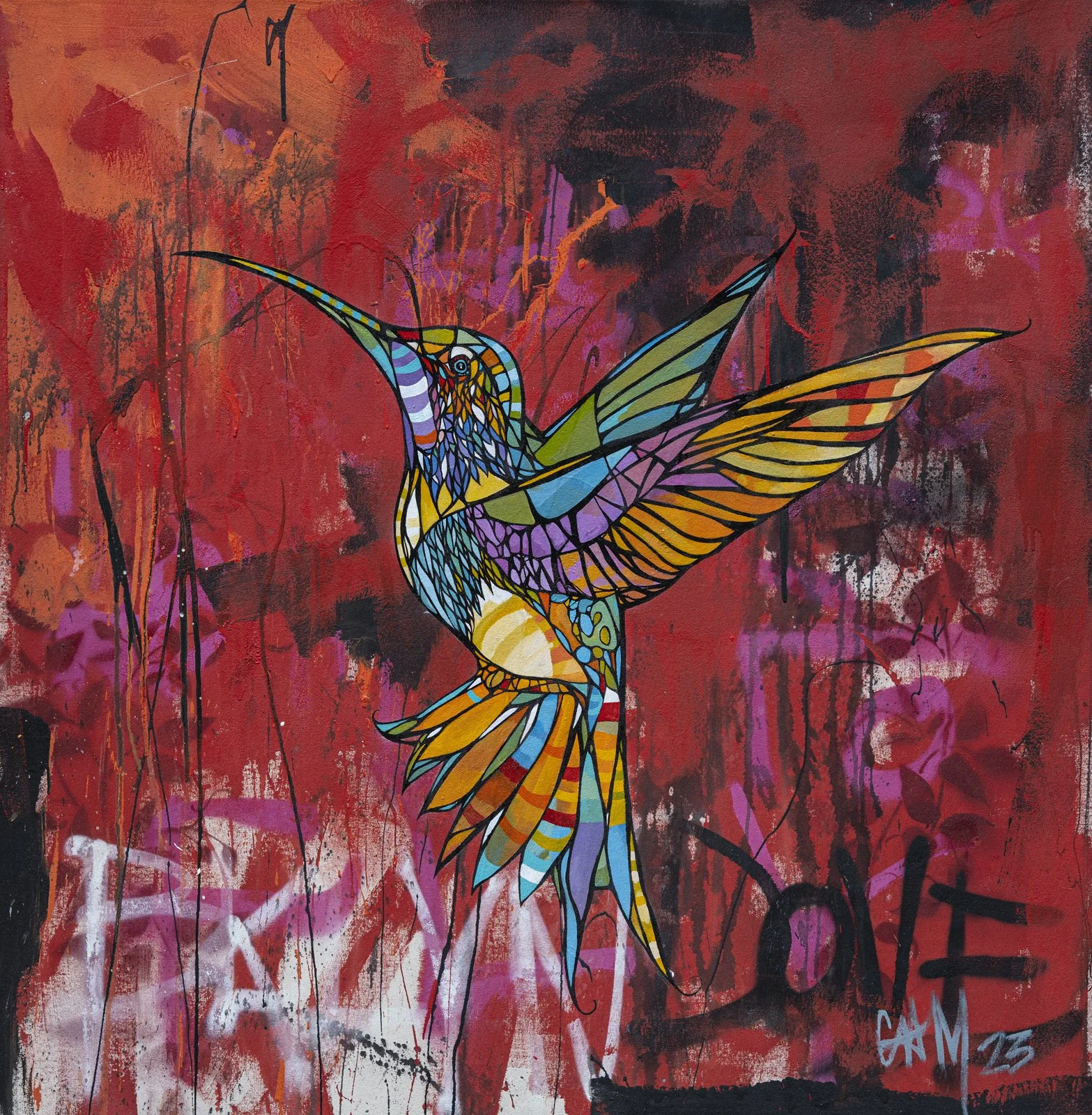 A colorful artwork of a stylized hummingbird with geometric shapes, set against a red and purple abstract background with layered paint and graffiti elements.