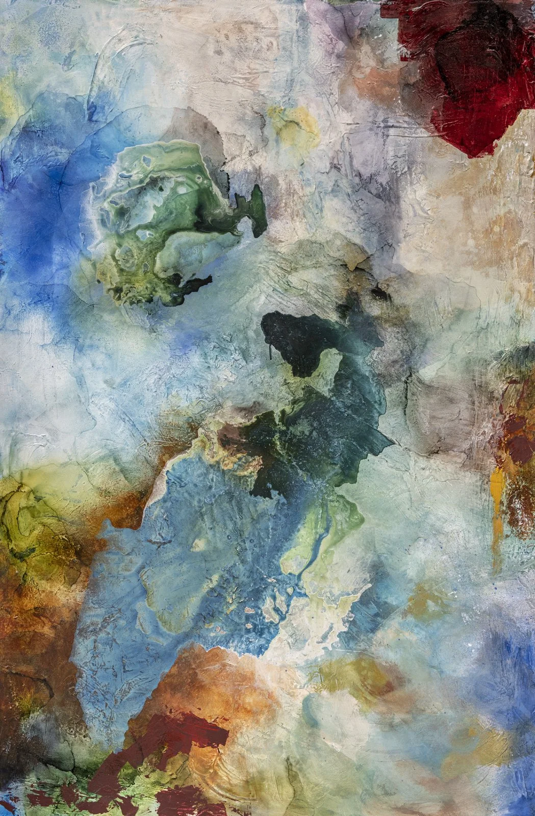 An abstract watercolor painting with shades of blue, green, yellow, red, black, and beige, creating a textured and flowing composition.