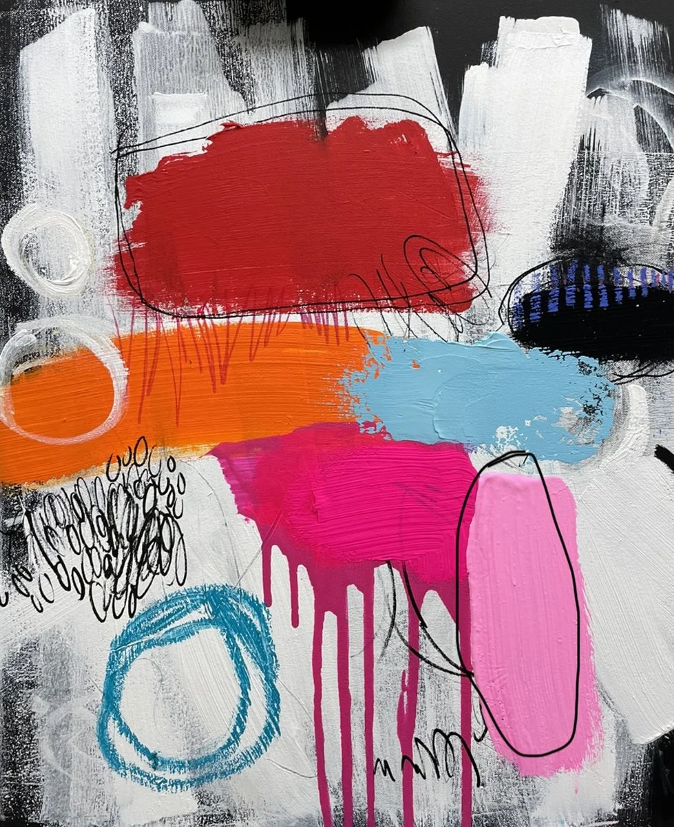 Abstract painting with colorful brushstrokes of red, orange, pink, light blue, black, and white, accented by black scribbles and circular shapes.