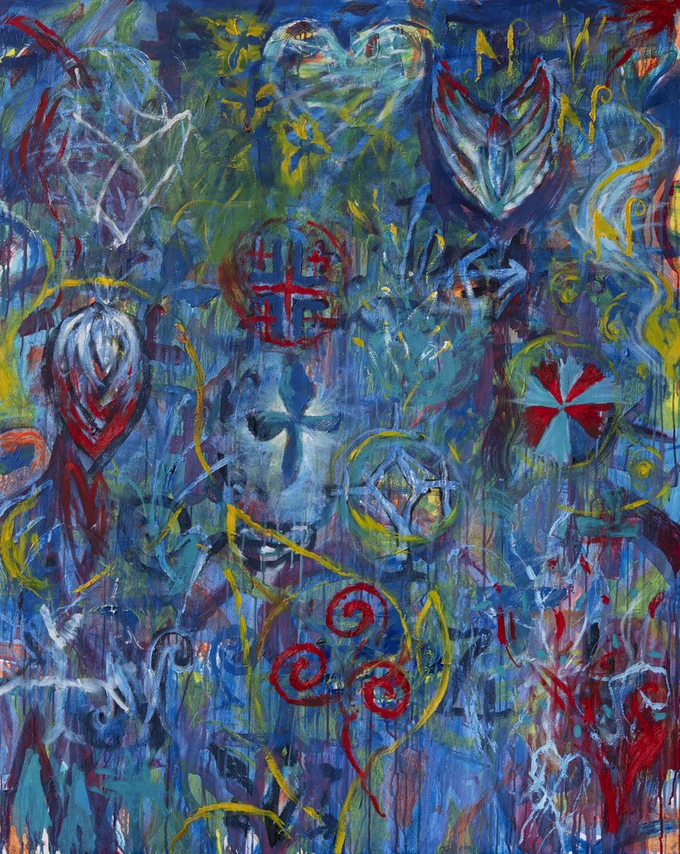 An abstract painting with vibrant blue, red, yellow, green, and white brushstrokes. It features various shapes and symbols, including a cross, a spiral, a butterfly, and animal-like figures, with layered, energetic lines and patterns creating a dynamic composition.