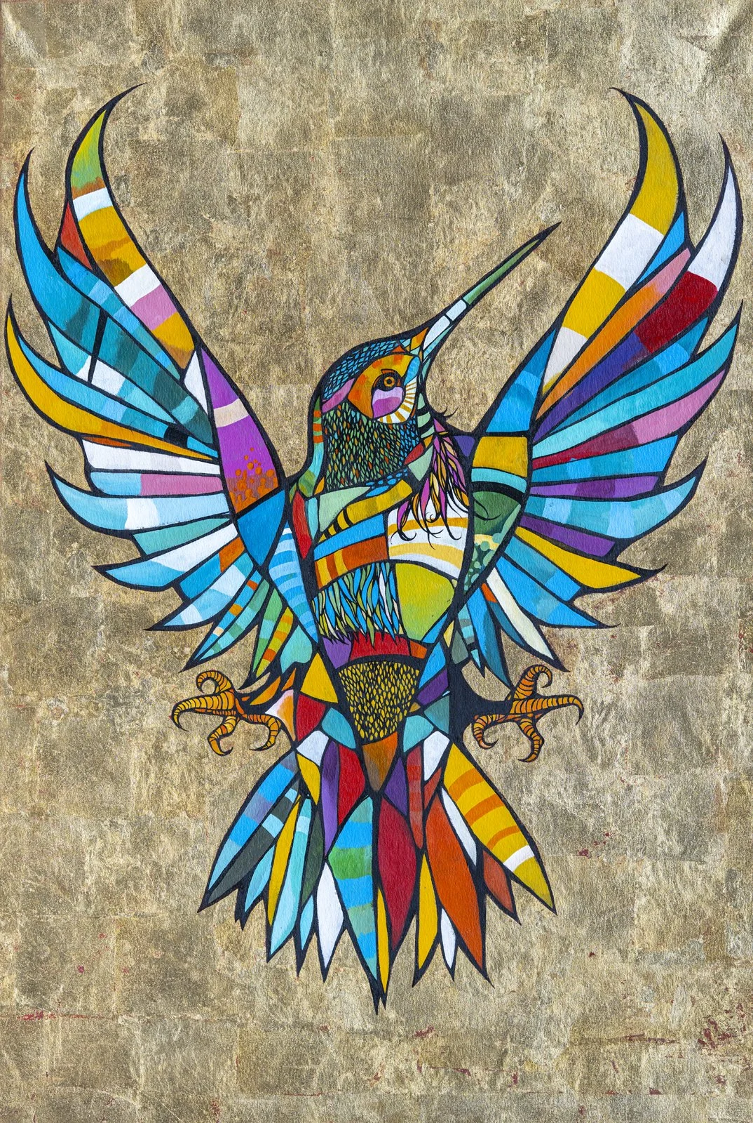 Colorful stained glass style artwork of a phoenix with outstretched wings on a textured beige background.