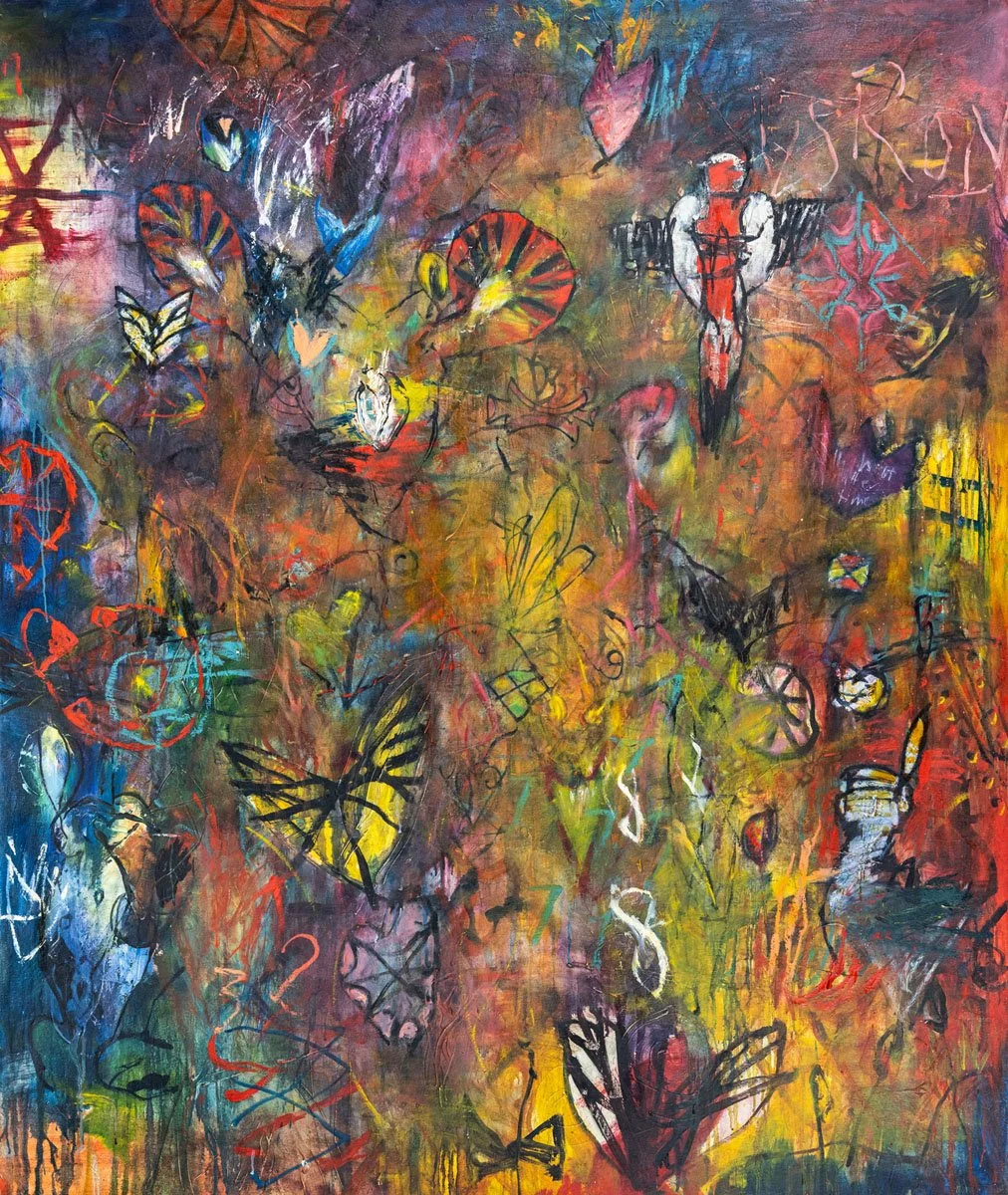 Abstract painting with multicolored butterflies, hearts, and various shapes on a vibrant, chaotic background.