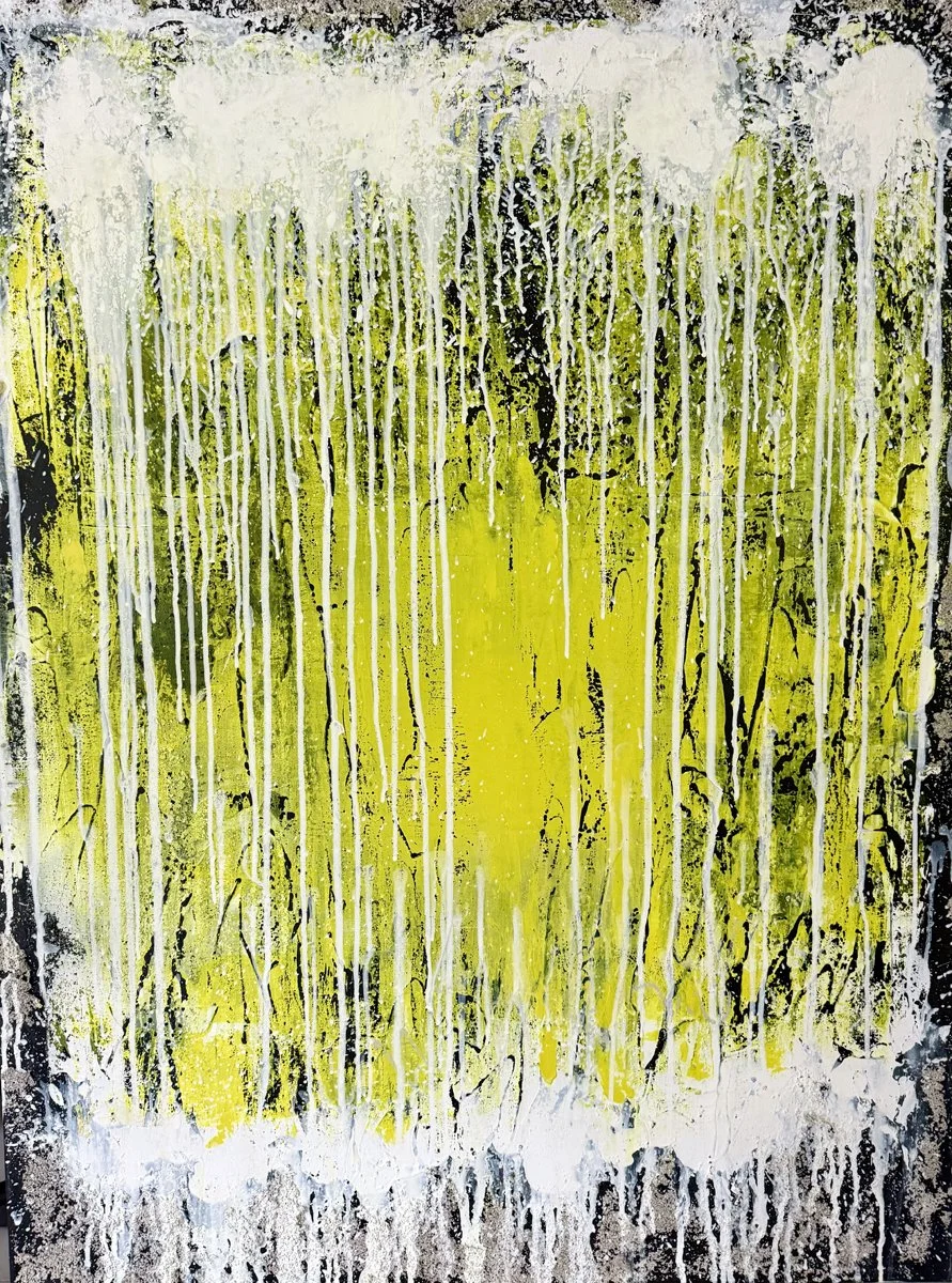 Abstract painting with yellow, black, white, and hints of green, featuring vertical streaks and textured layers.