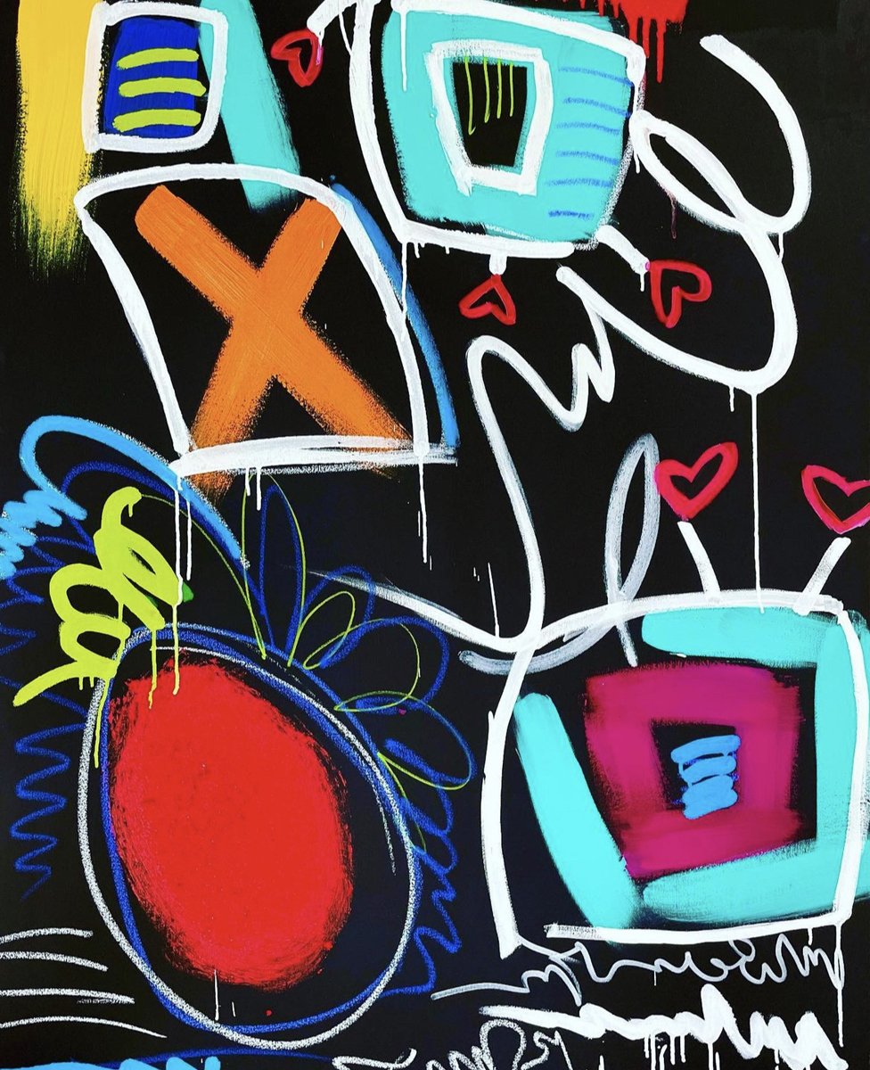 Colorful abstract graffiti art featuring a large red circle, a blue and pink TV, an orange X, and various hearts, lines, and scribbles on a black background.