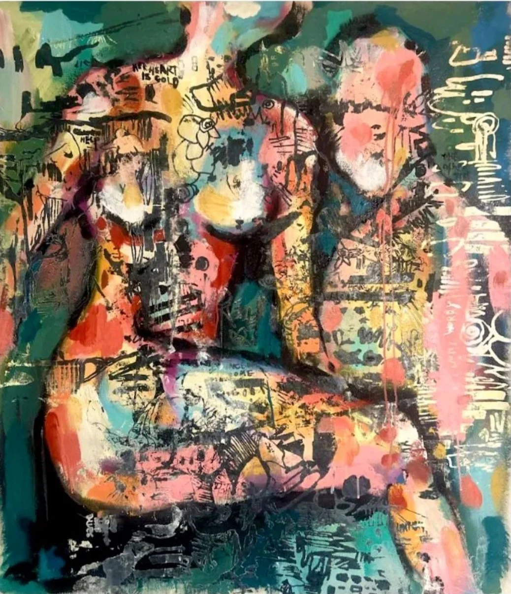 Abstract colorful painting of a woman with long hair, her hand on her chin, in a contemplative pose, with graffiti-like scribbles and splashes of color.