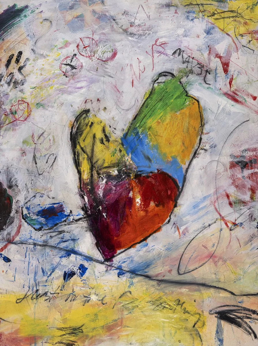 Abstract painting with a multicolored heart in the center, featuring yellow, green, blue, red, and purple, surrounded by scribbles and doodles in various colors on a white background.