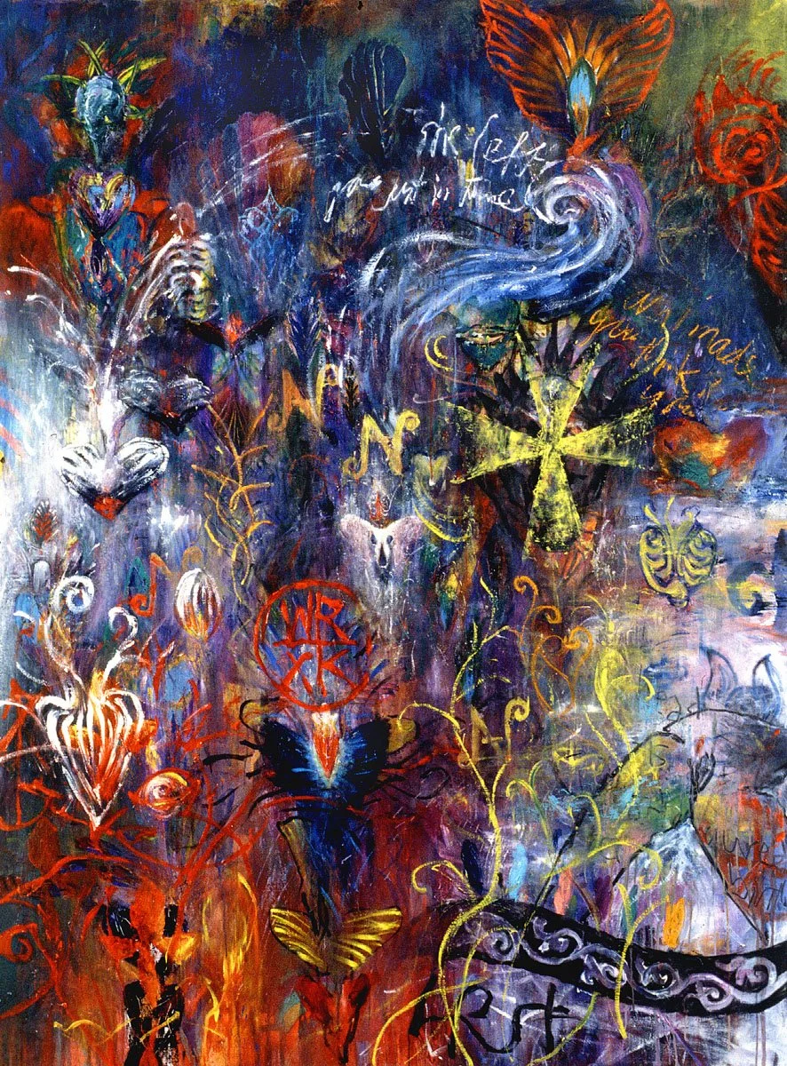Abstract colorful painting with swirling patterns, butterflies, flowers, and various symbols, with some handwritten text scattered throughout.