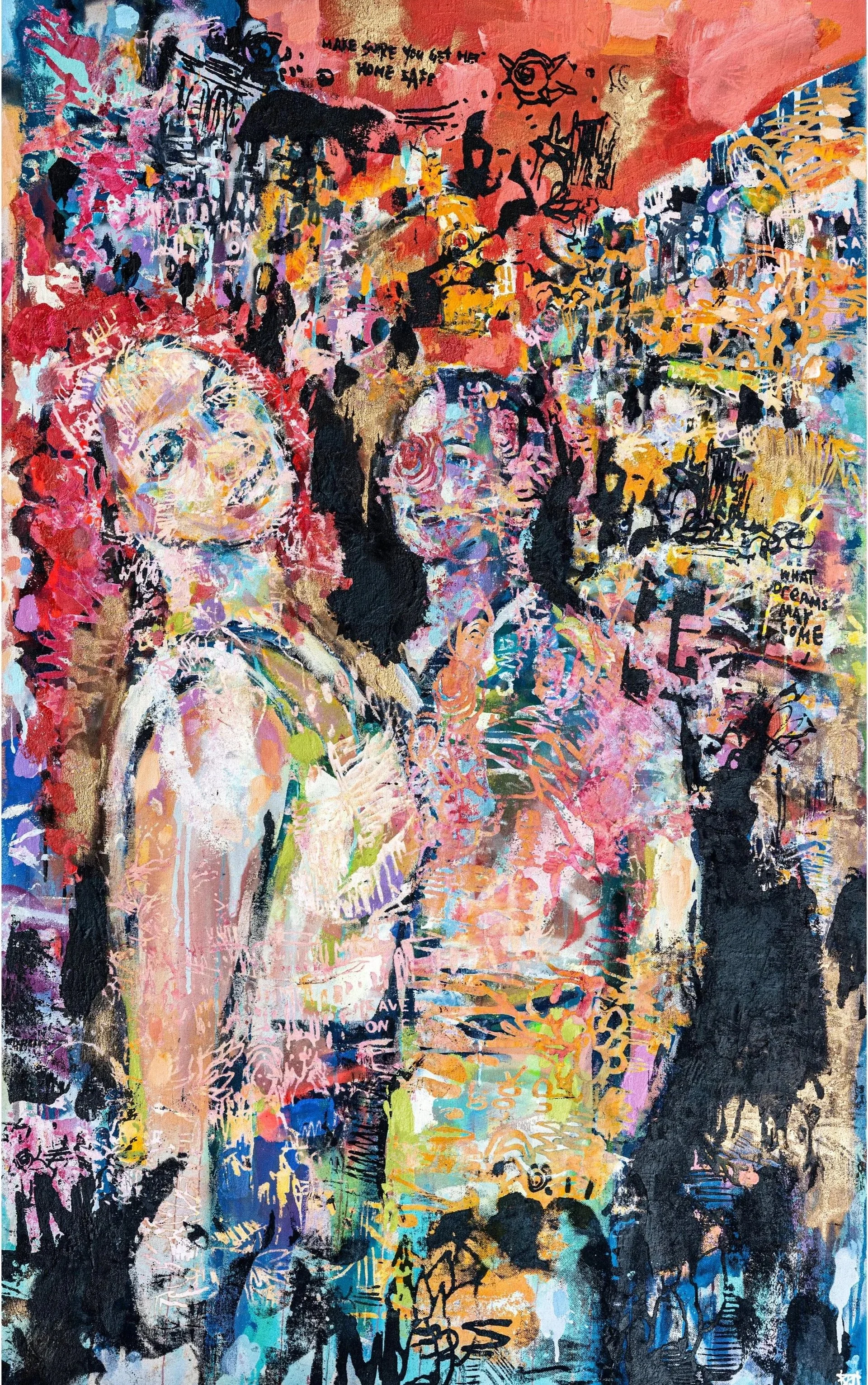 An abstract, colorful painting featuring smiles of two women, with various graffiti-like elements and hand-drawn sketches around them.