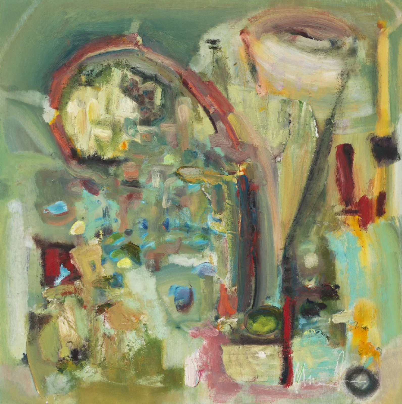 Abstract painting with a mirror reflecting a face, various colors including green, yellow, red, and black.