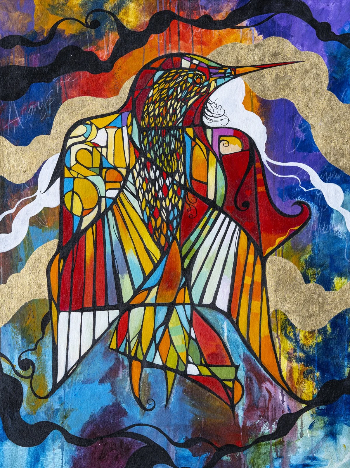Colorful stained glass-style illustration of a hummingbird, set against a vibrant, abstract background with clouds and swirling patterns.