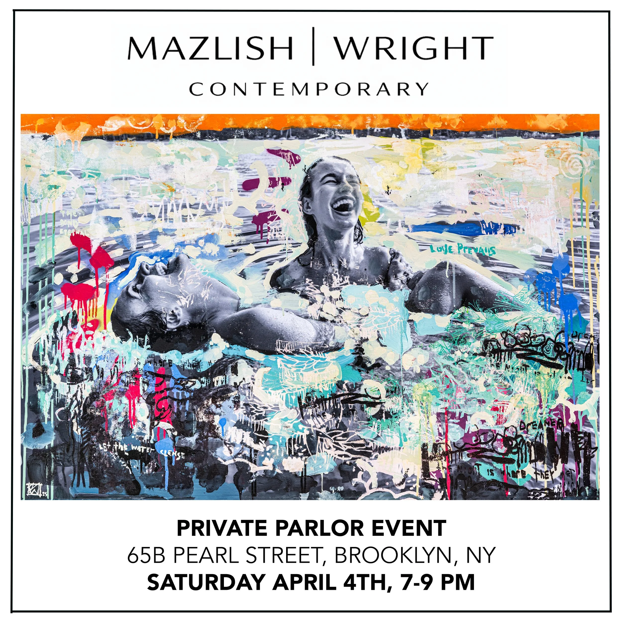 Invited private party event poster with colorful abstract background, stating event details at 65B Pearl Street, Brooklyn, NY, on Saturday, April 4th, from 7 to 9 PM.