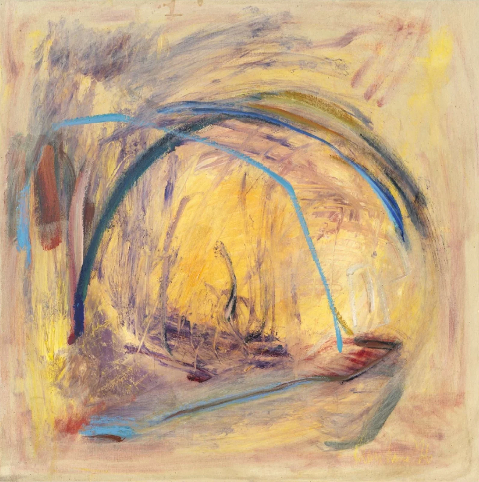 Abstract painting with warm colors featuring arching blue lines and sketch-like expressive strokes.