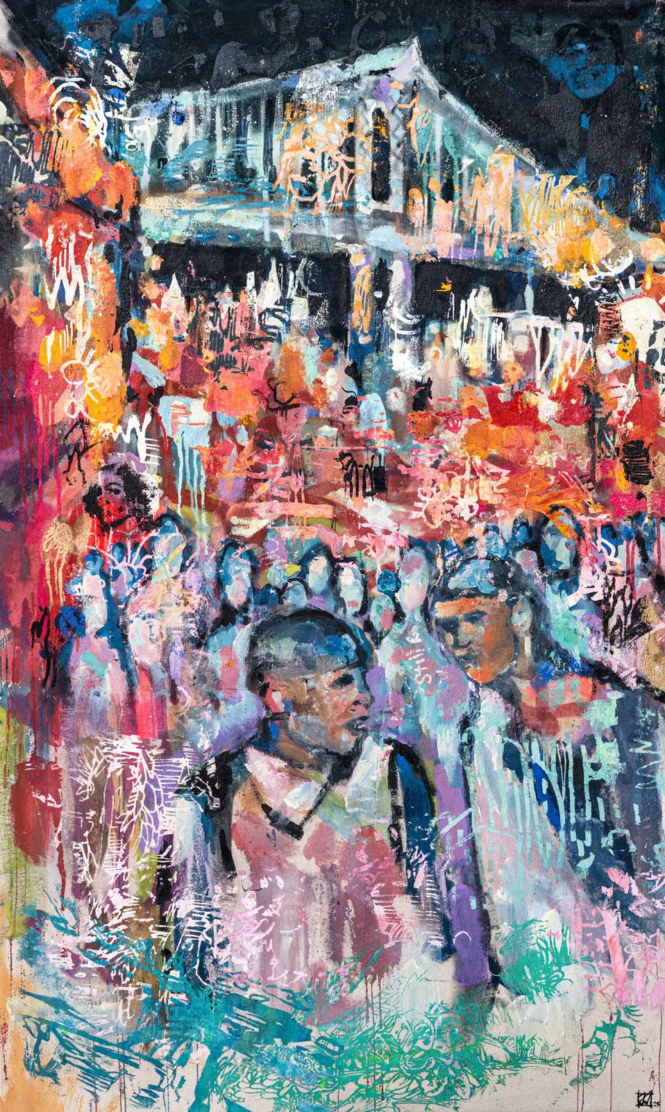 Abstract painting of a crowded city street scene at night with two prominently painted women in the foreground, colorful lights, and a building with statues at the top.