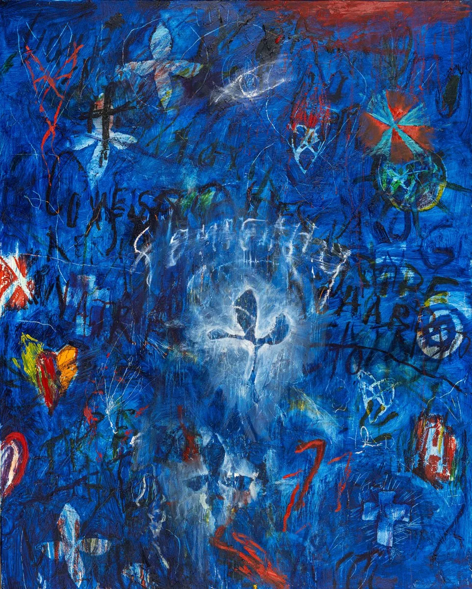 Abstract blue painting with a faint human face, various symbols, and writings scattered across the canvas.