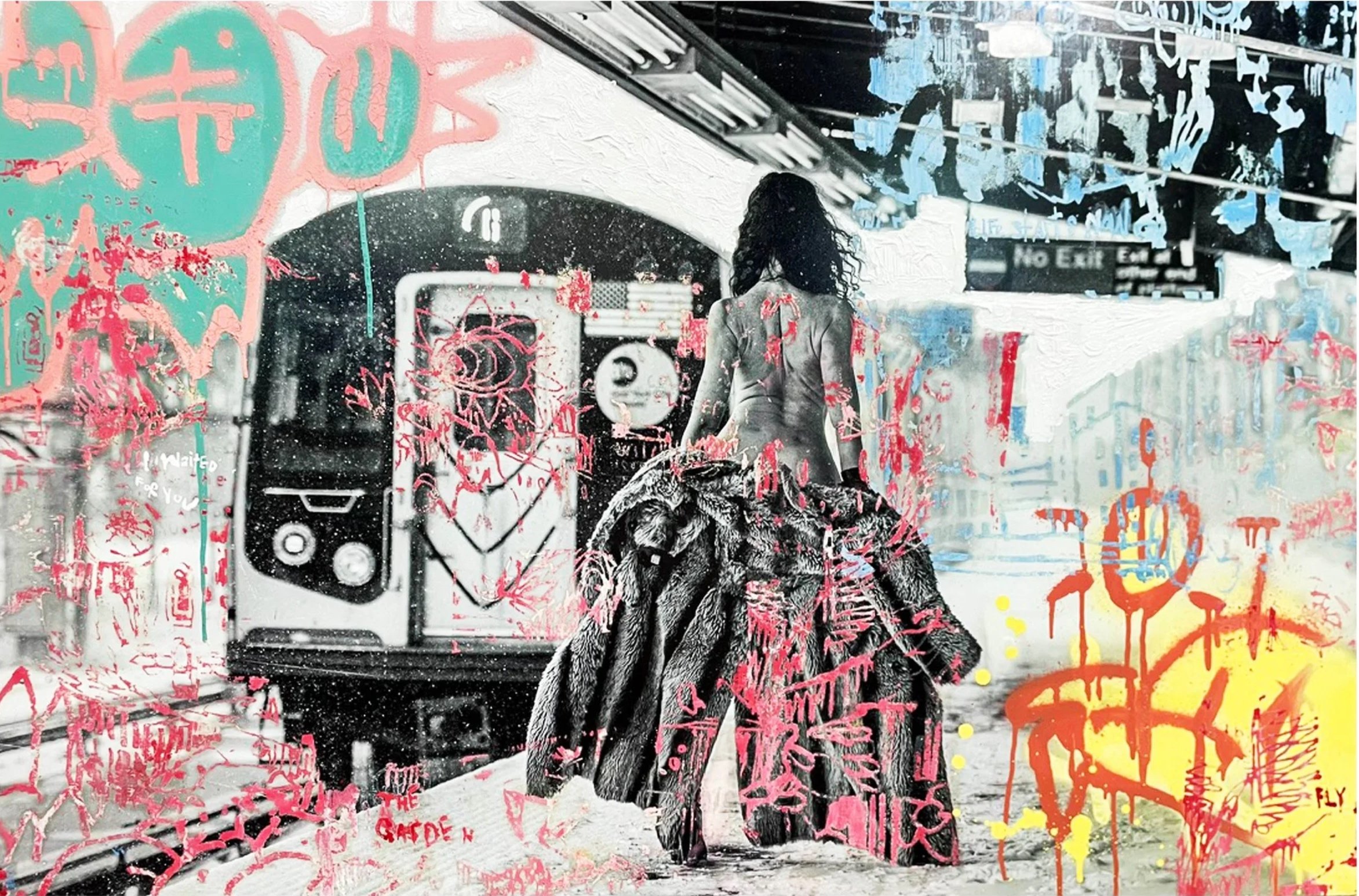 A woman with curly black hair stands with her back to the camera in an urban setting filled with graffiti and street art. The area is decorated with spray-painted signs, abstract shapes, and colorful tags on walls, posters, and surfaces. The ground is tiled, and there's a white archway or entrance in the background.