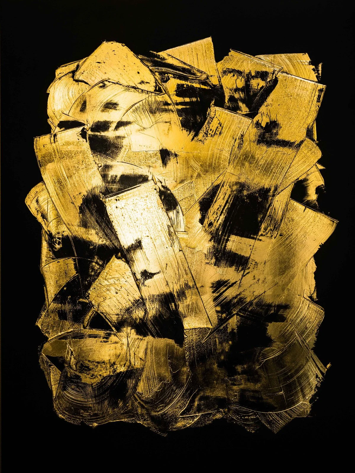 Abstract artwork of gold and black brushstrokes on a black background.
