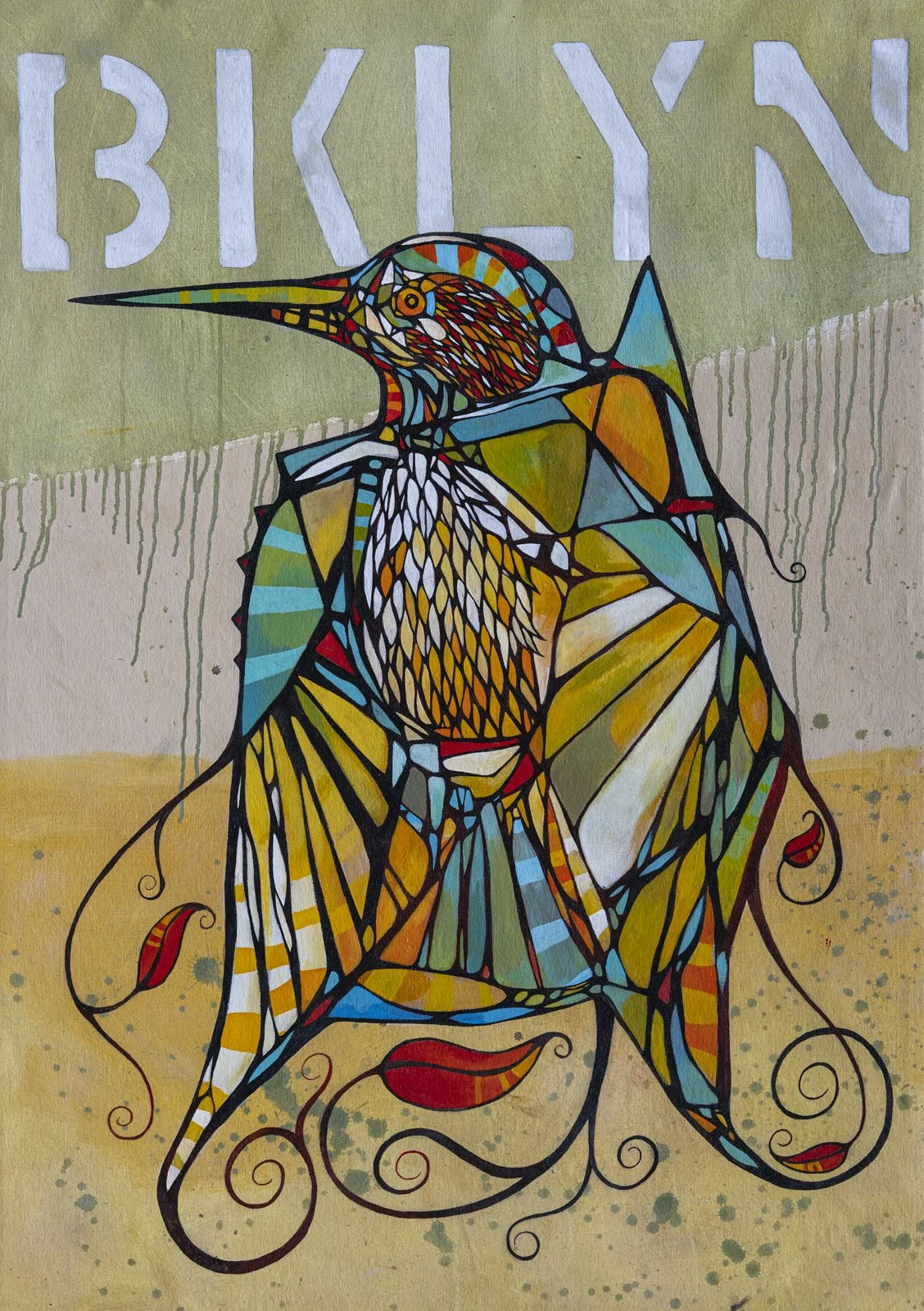 A colorful stained glass-style drawing of a hummingbird with wings spread, surrounded by swirly vines and red leaves, with the word 'BIRDLIFE' written at the top.