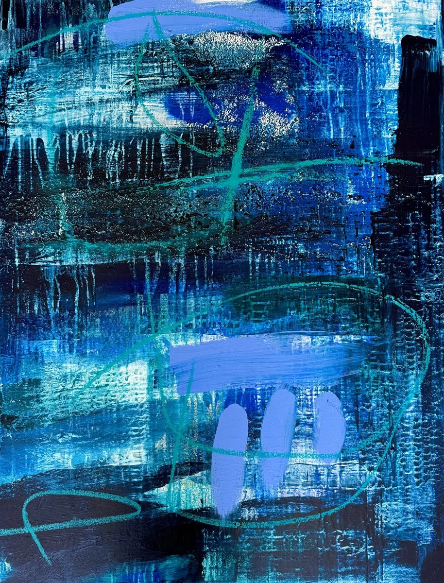 An abstract painting with various shades of blue, black, and teal, featuring textured brushstrokes, drips, and a circular shape with three white oval marks inside.