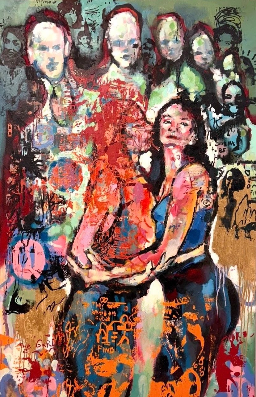 An abstract, colorful painting of eight women, some standing and one seated in the foreground, with various graffiti-style markings and overlapping faces and figures.