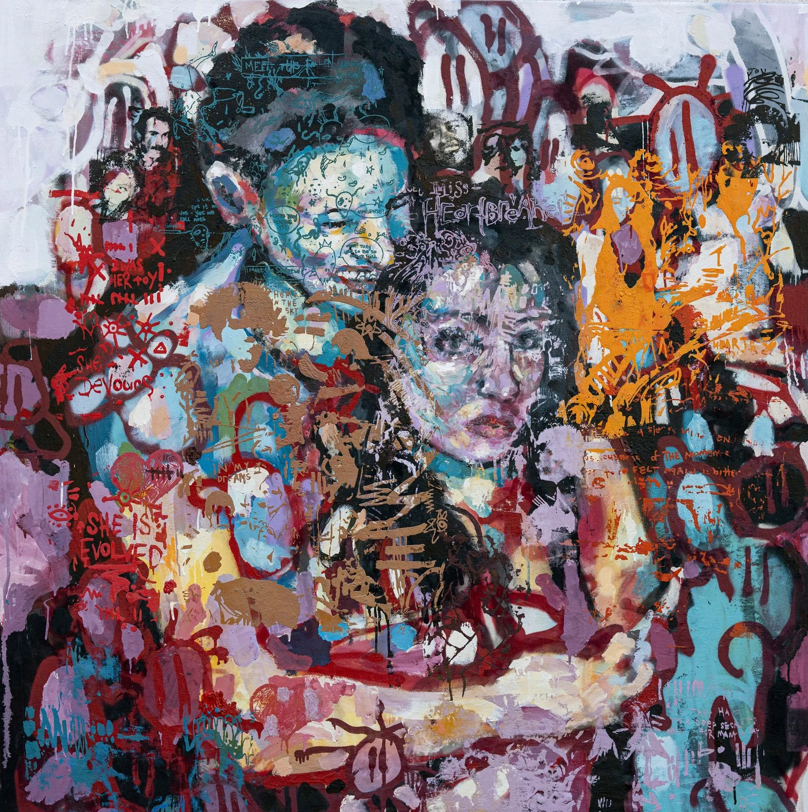 Colorful mixed media artwork with portrait of a woman wearing sunglasses, featuring layered graffiti, drawings, and text in various colors and styles.
