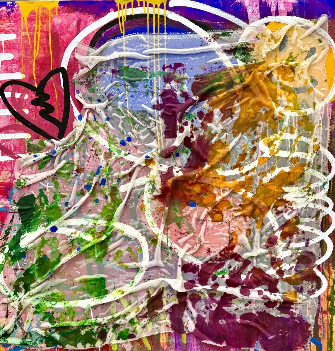Colorful abstract painting with splashes of pink, green, blue, yellow, purple, and white paint. There is a black outline of a broken heart drawn on the left side.