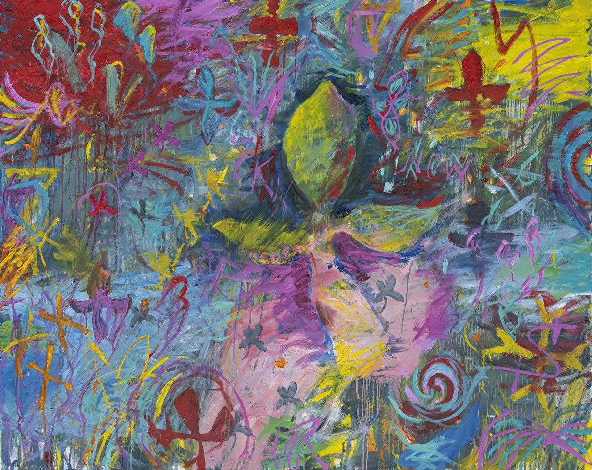 Abstract painting with vibrant, colorful strokes depicting a large butterfly and various flowers and nature elements.