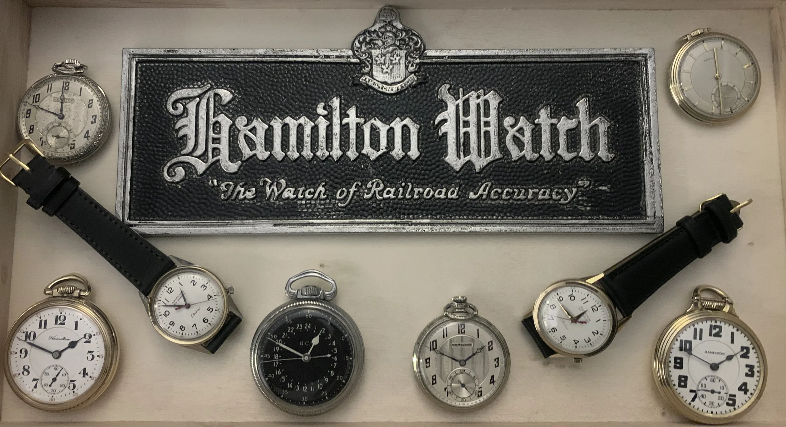 Collection of various wristwatches displayed around a sign that reads 'Hamilton Watch' and 'The Watch of Railroad Accuracy.'